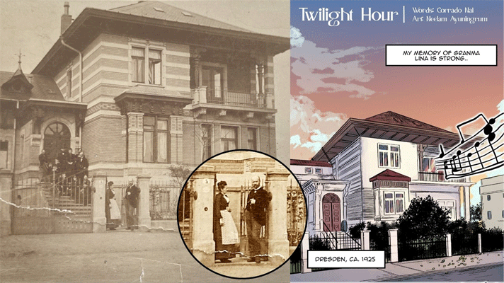 Family portrait with Fanny Angelina & Walther Hesse in Dresden, circa 1890 and a concept art for the graphic novel.